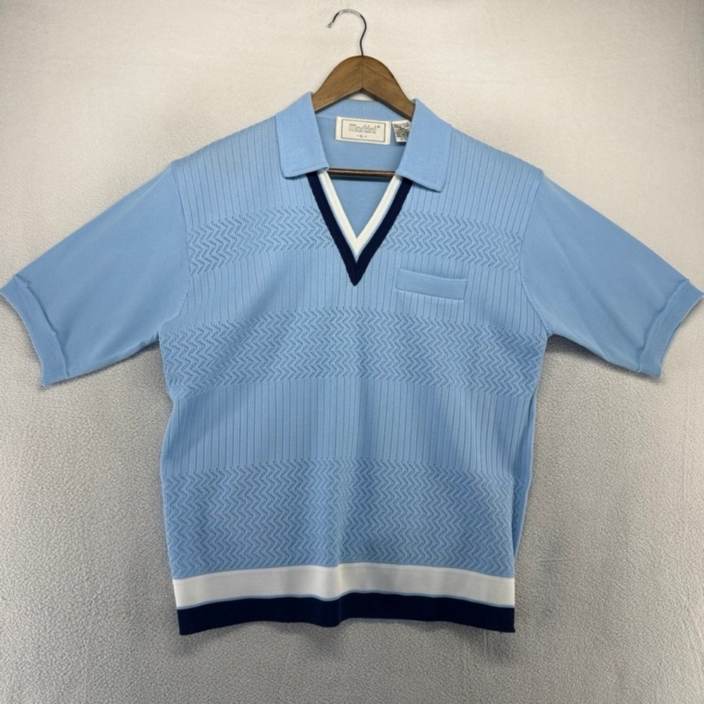 Vintage Knit Shirt mens Large Blue Textured Disco Rockabilly Golf 70s 80s Johnny